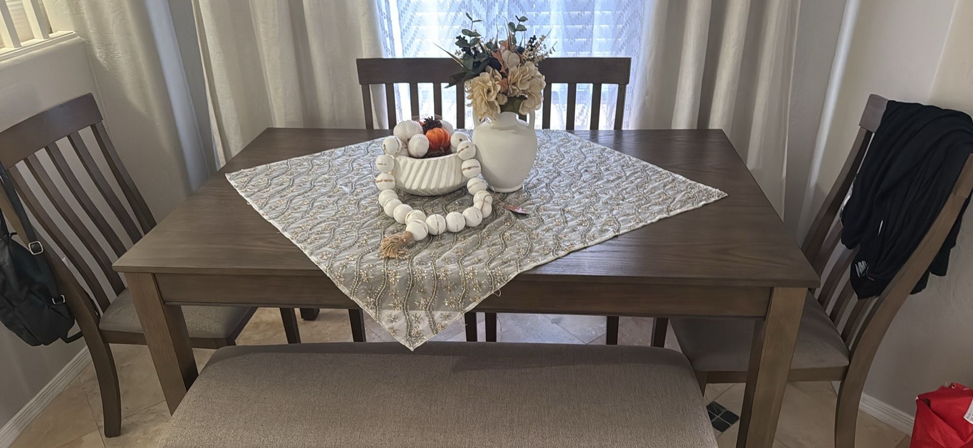 Wooden Table Dining Set, 4 Chairs, 1 Bench, 2 Drawers