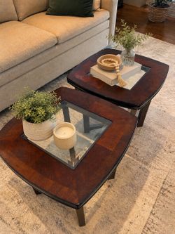 Ashley Signature Cherry Wood & Glass End Tables- Matching pair