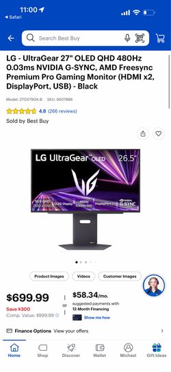LG - UltraGear 27" OLED QHD 480Hz 0.03ms NVIDIA G-SYNC, AMD Freesync Premium Pro Gaming Monitor (HDM