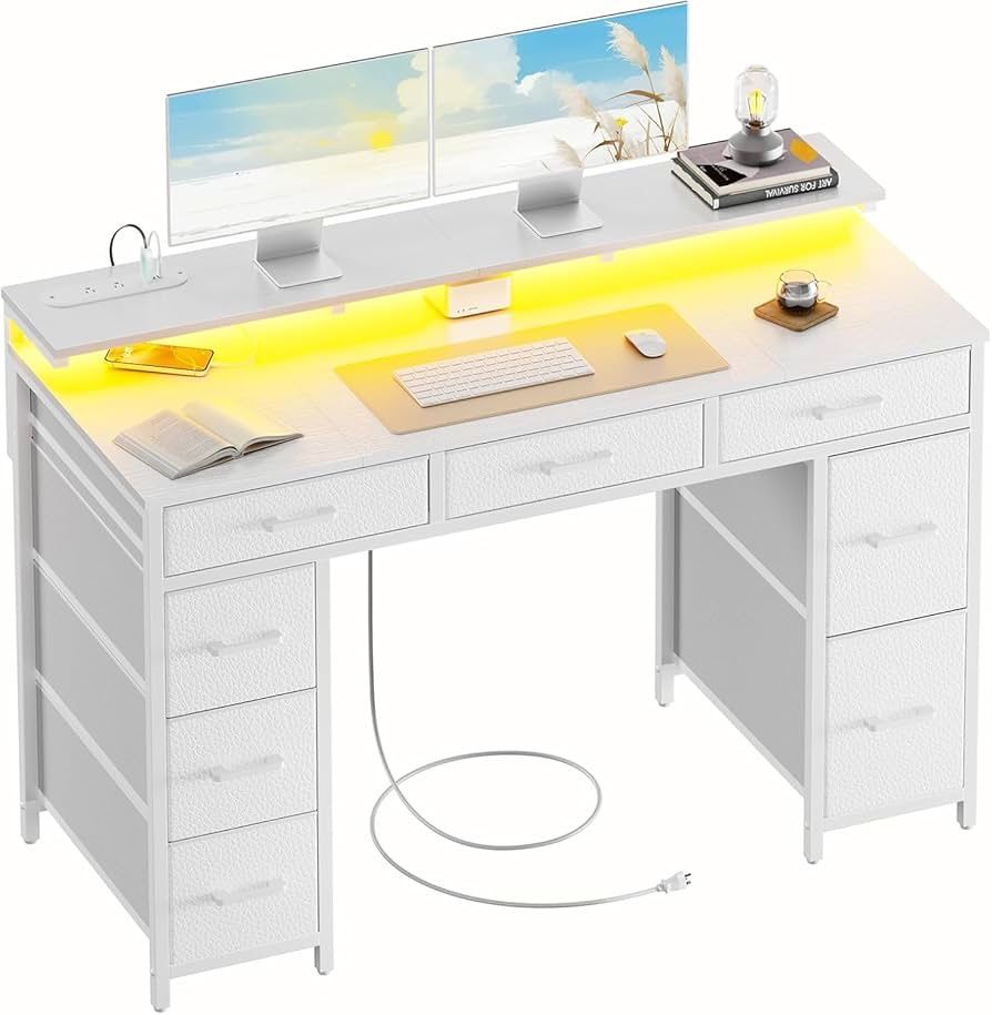 1613b 47 inch Computer Desk with 8 Storage Drawers, Gaming Desk with LED Lights & USB Power Outlets, Home Office Table with Monitor Stand, Study Writ