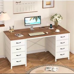 White & Brown Computer Desk with Fabric Drawers