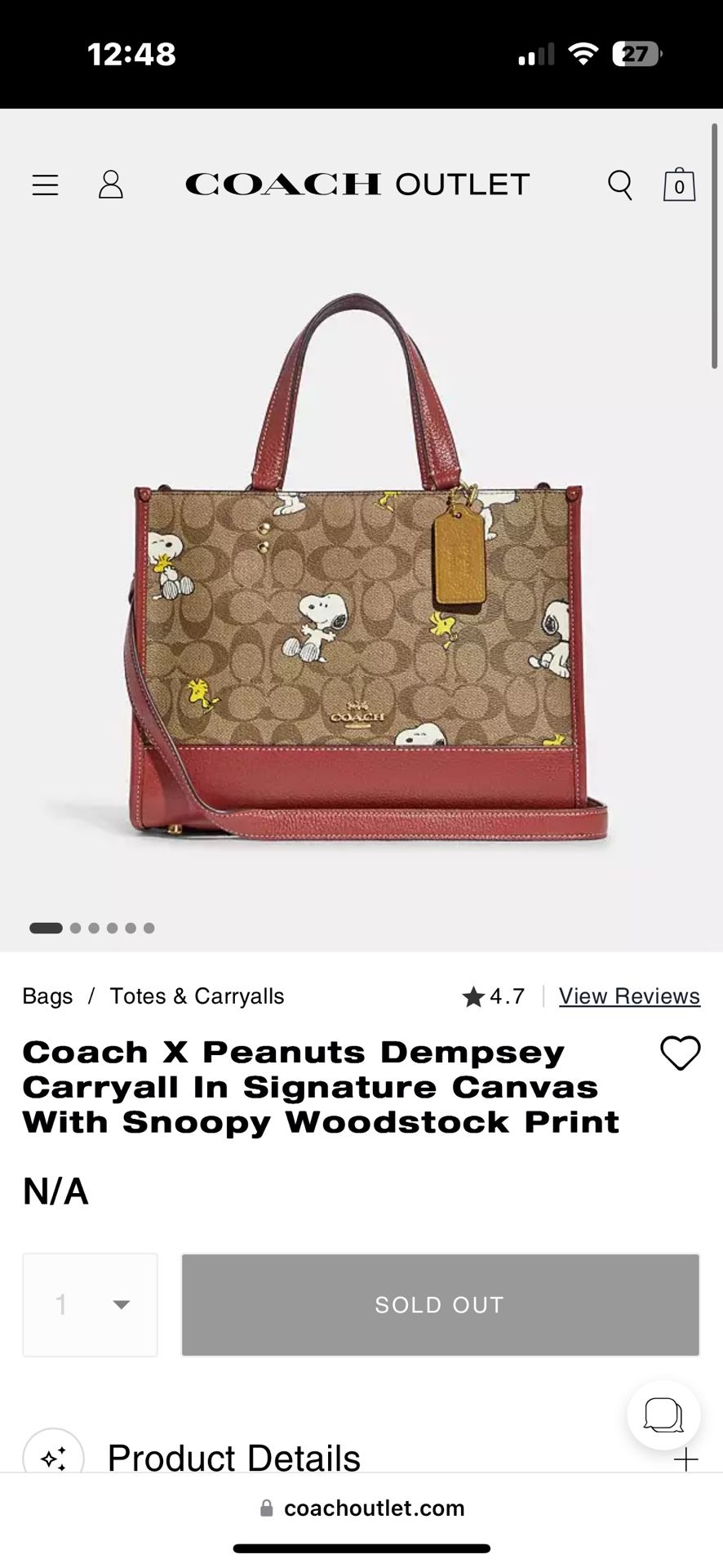 COACH x Peanuts Shoulder Tote Bag Dempsey Carryall Snoopy Woodstock CE862