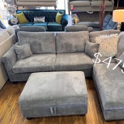 3-Pc Sectional Sofa With Ottoman 