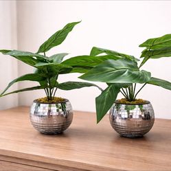 Set Of 2 Faux Plants In Mirrored Pots - Modern Decor 