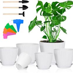 Plastic Plant Pots, 7/6/5.5/5/4.5/4 Inch Plastic Planters Flower Pots with Trays, Planters for Indoor Plants, All House Plants, Flowers with Trowel, T