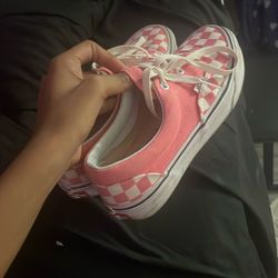 Vans Era Checkerboard shoes in the "Strawberry Pink/True White" colorway. 