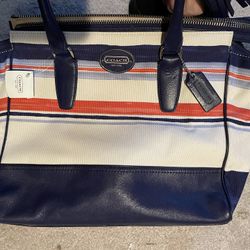 Coach Tote Bag- Nautical Blue, Coral And Light Blue