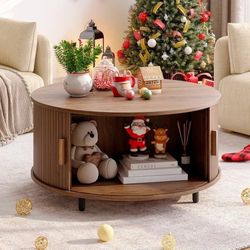 Modern Round Coffee Table with Storage, Solid Wood & Metal Frame, Engineered Wood Top, Space-Saving Design, Hardwood Construction, with Groo