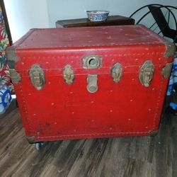 Antique Large Red Flat Top Trunk 