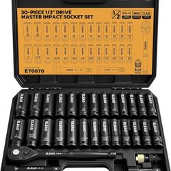 1/2" Drive Deep Impact Socket Set: 30-Piece Standard SAE (3/8 to 1 Inch) and Metric (10-24mm) Size, 3" and 5" Drive Extension Bar, Ratchet Handle, Bit