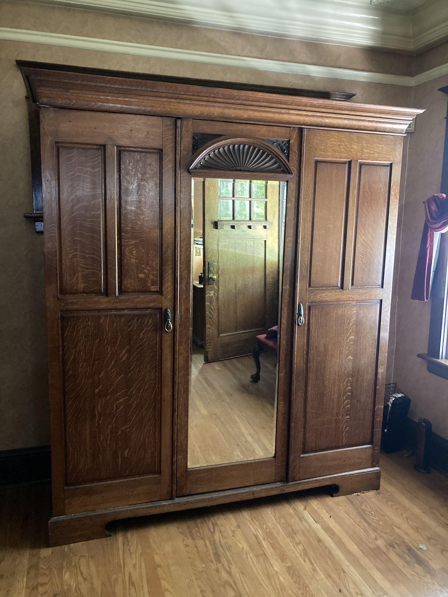 Vintage Oak Wardrobe With Mirror Shelves And Drawers