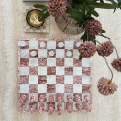 Vintage Pink White Onyx Marble Stone Chess Set