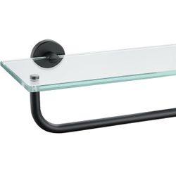 JQK Bathroom Glass Shelf, Shelf with 19 Inch Towel Bar Tempered Glass Shower Storage 20 by 5 inches, 304 Stainless Steel Matte Black Wall@A7-818