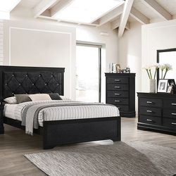 4pc Bedroom Set $599 Queen $699 Eastern King Includes Bedframe Dresser Mirror Nightstand Black Bedroom Set