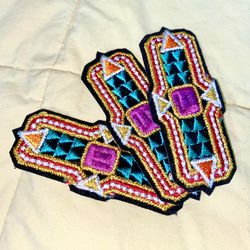 3 Vintage Badge Patches Black Gold Silver Teal Orange Purple Geometric Appliqué