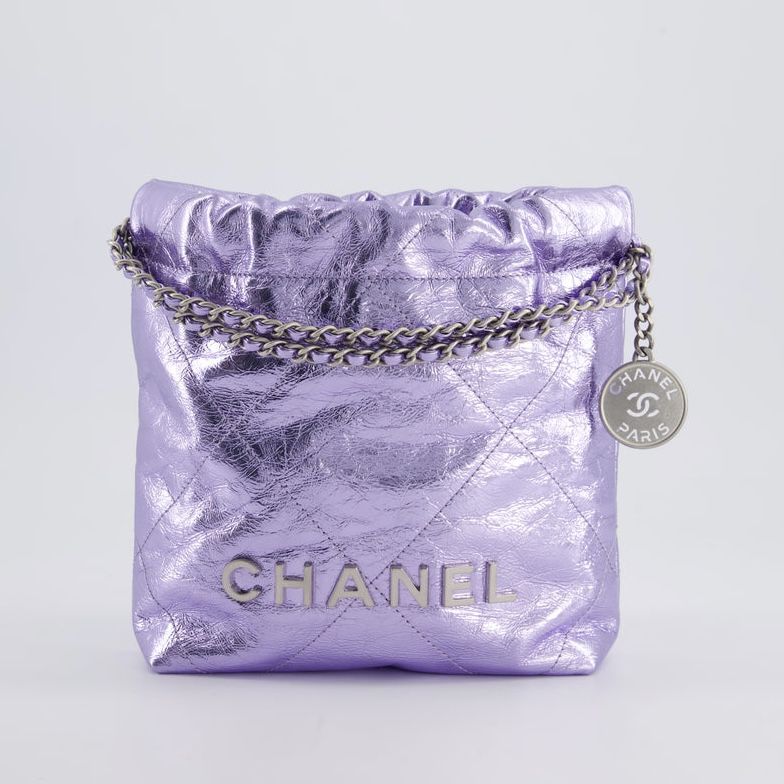 CHANEL  Mini 22 Bag In Metallic Lilac Aged Shiny Calfskin With Brushed Silver Hardware