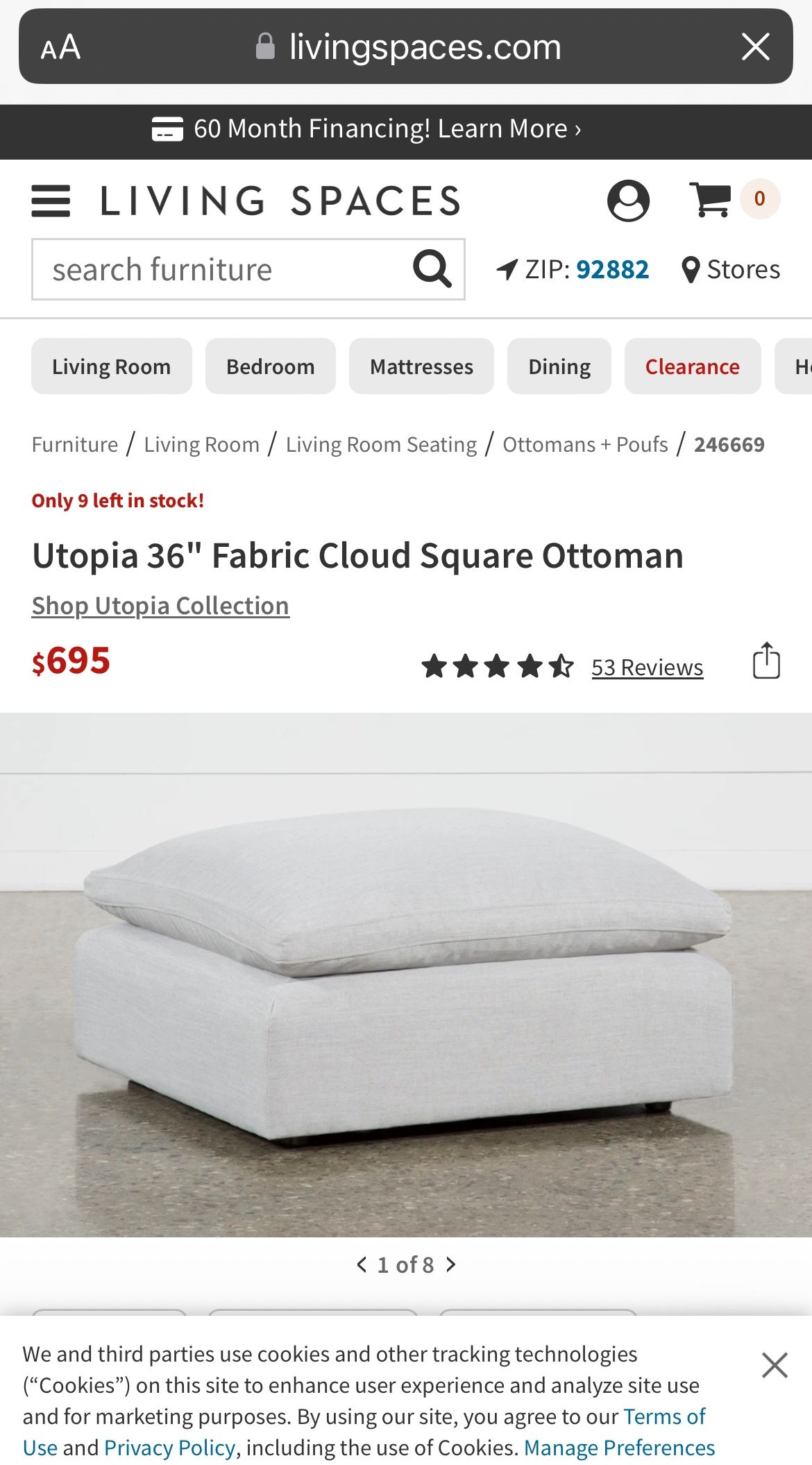 Living Spaces Ottoman Utopia 36" Fabric Cloud Square Ottoman