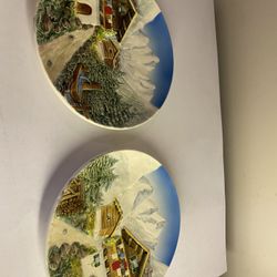 2 MAJOLICA 9" PLATE CHALET CABIN ALPS SCENE MADE IN WESTERN GERMANY #3831 &  #3882xv