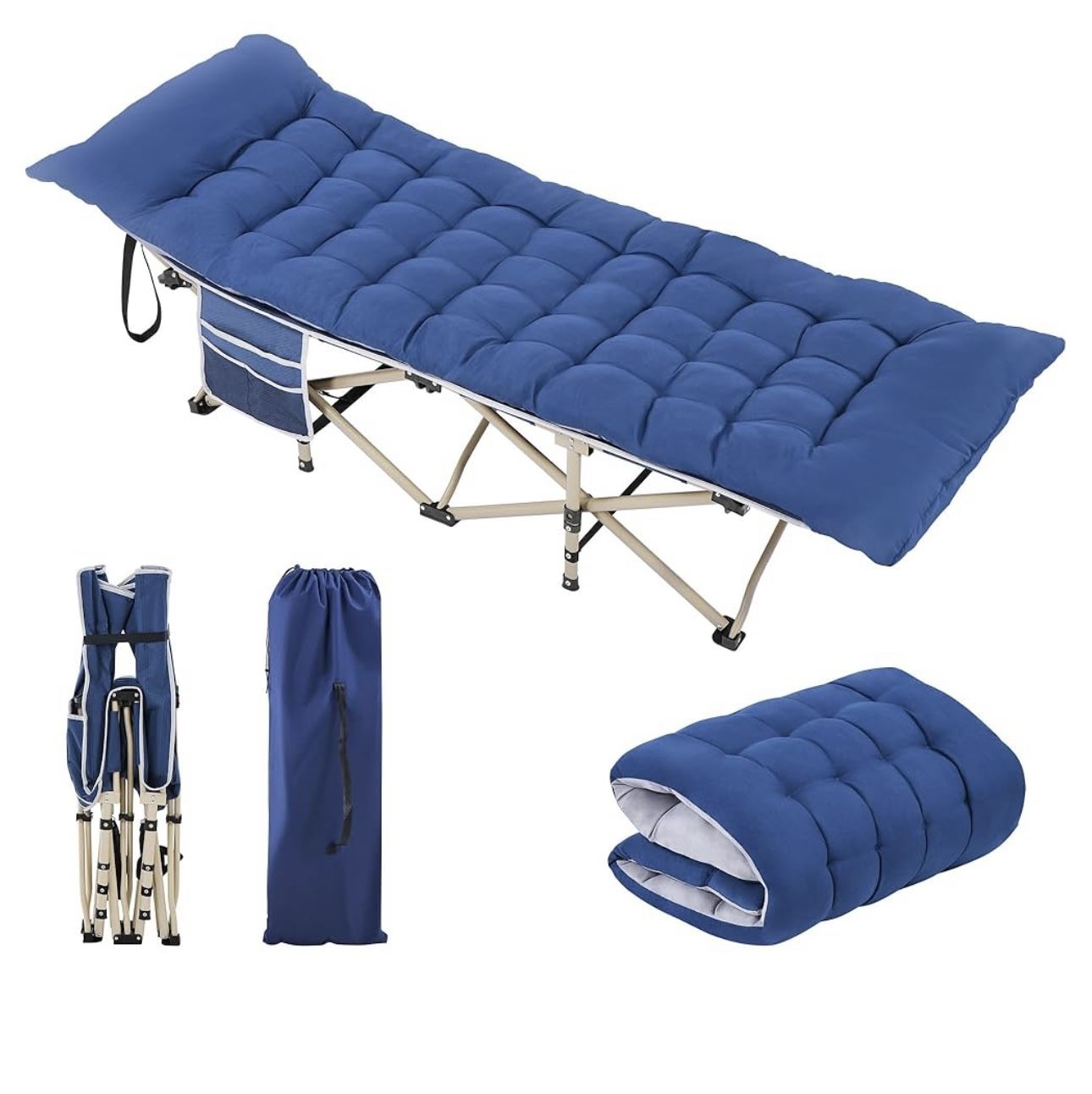 Folding Camping Cot Portable Outdoor Bed for Adults w/Mat & Storage Bag & Carry Bag, Heavy Duty Cots for Outdoor Travel & Office/Home Nap