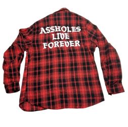 As*holes Live Forever Plaid Flannel Shirt Medium Red Black Embroidered