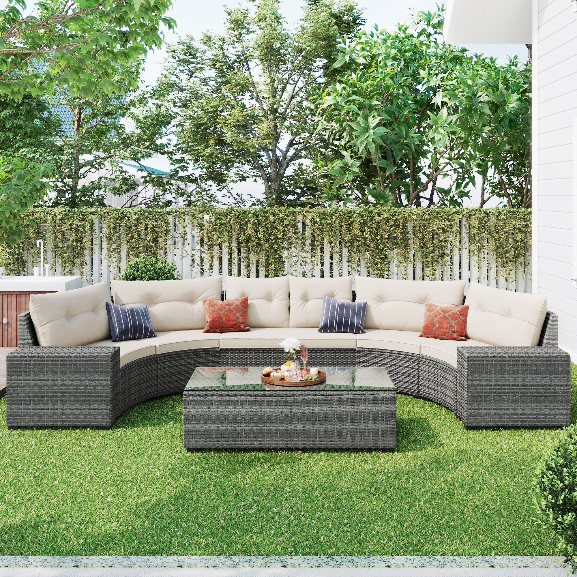 GO pieces Outdoor Wicker Round Sofa Set, Half Moon Sectional