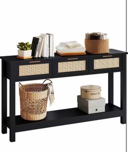 Black Console Table with Rattan Drawers