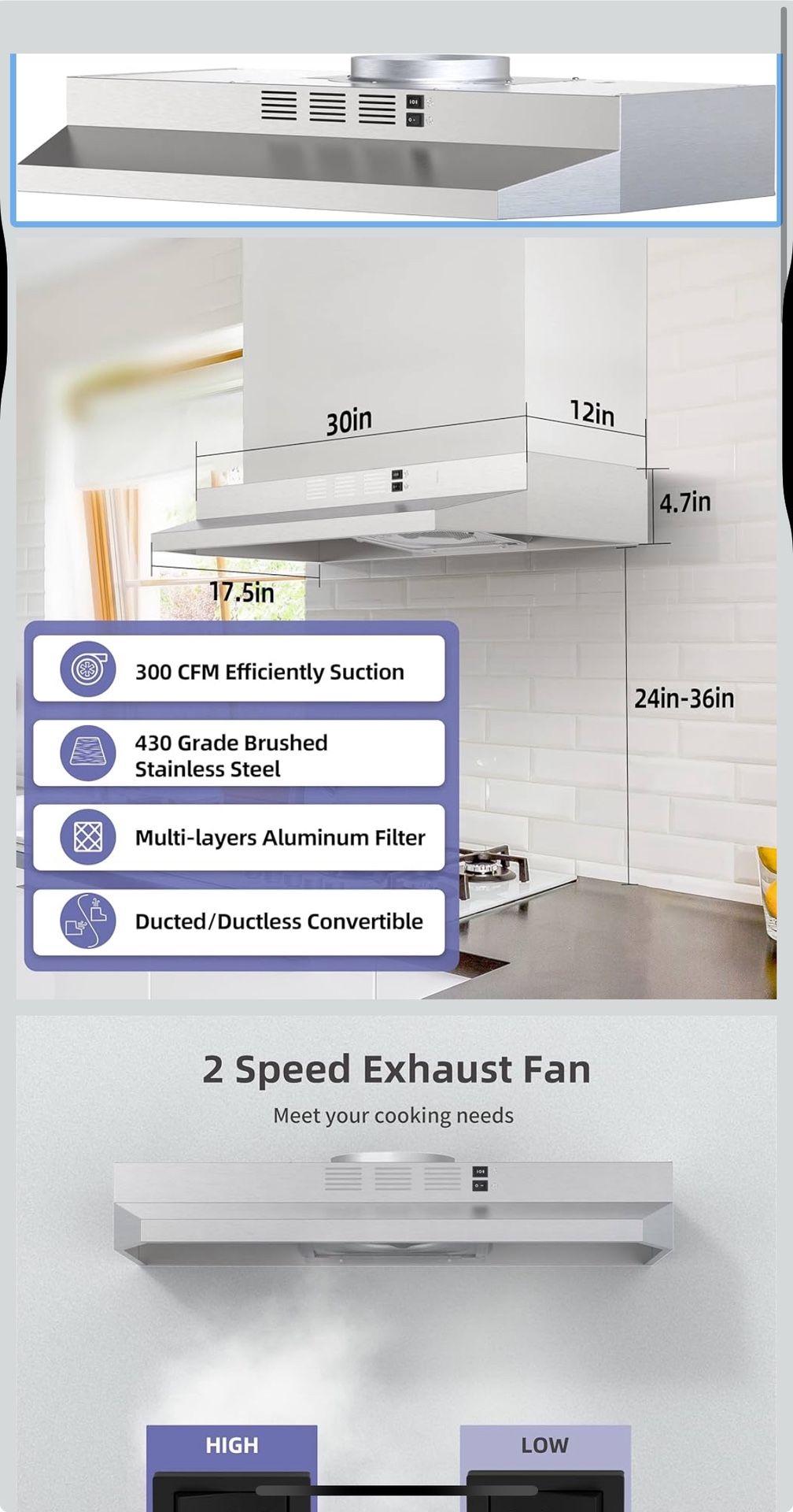 FIREGAS 30 Inch Range Hood Under Cabinet