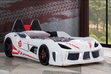 Brand New White Twin Size Race Car Design Bed Frame