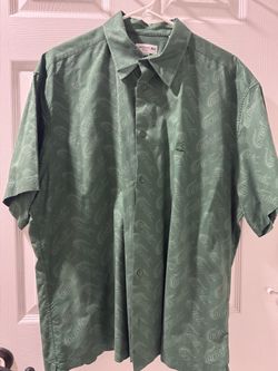 Lacoste Mens Relaxed Fit Script Logo Jacquard Short Sleeve Botton Down Green, Large.
