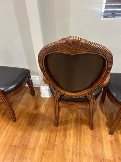 6 Ornate Carved Wood Accent Chair with Leather Upholstery