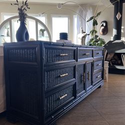 Vintage Refurbished Bamboo & Rattan Dresser, West Elm Inspired, Solid Wood Dresser circa 1970s