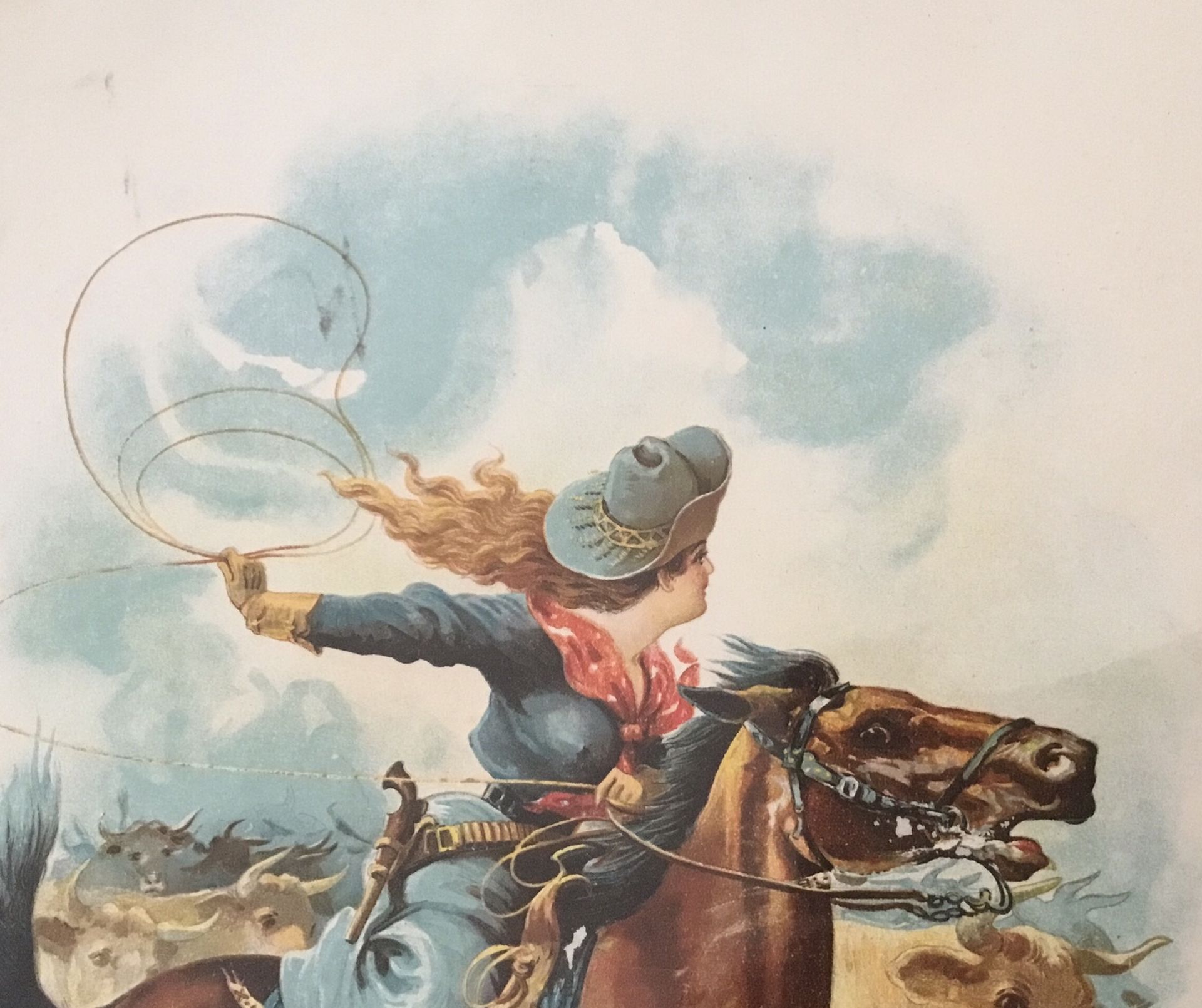 *****SMALL VINTAGE PRINT OF COWGIRL RIDING HER HORSE, GOOD SHAPE.