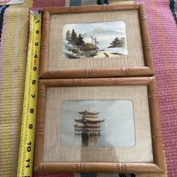 VTG Pair Mini Japanese Framed Silk Embroidered Tapestry Pagoda & Mt. Fuji