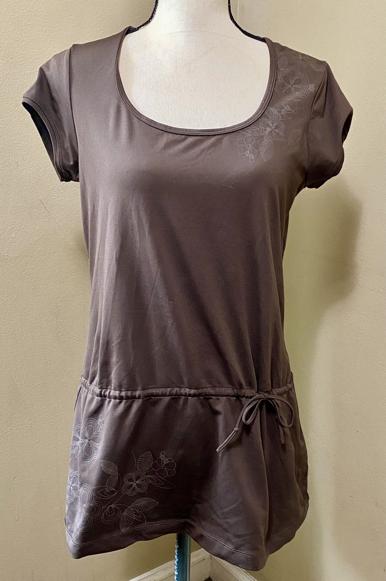 LOLE Women’s L Athletic Stretch Short Sleeve Brown Tunic Top Floral Print Yoga
