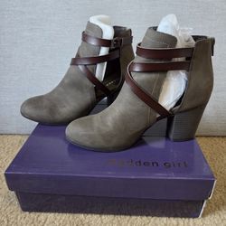 NEW! Madden Girl Doolly Faux Leather Wrap-around Boot, Zipper Heel, Taupe, Size 8.5