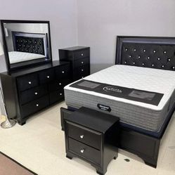 Micah Black LED Upholstered Panel Bedroom Set Queen Or King Set Bed, Dresser, Mirror, Nightstand, Chest 