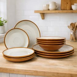 International Tableworks Terra Nova Stoneware Dinnerware Set Brown Rim 12pc