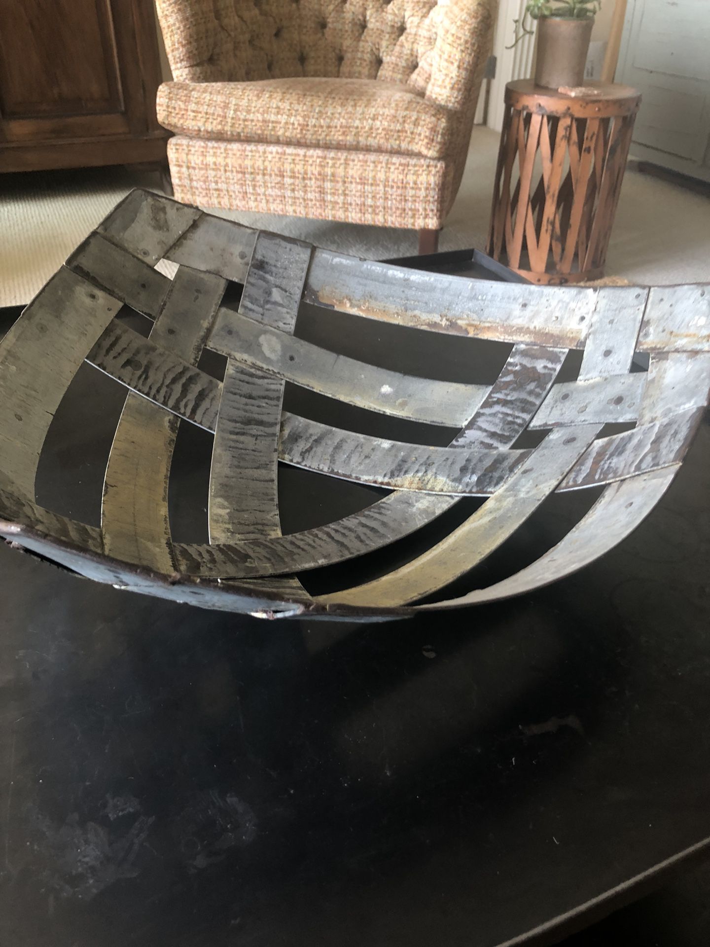Large, unique decorative bowl: recycled steel, industrial