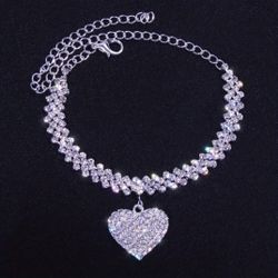 Stunning Rhinestone Bracelet Or Anklet Heart pendant. Birthday Gift. Women's jewelry. Pulsera. Corazon