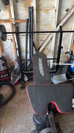 Weight Bench With 75lb Weights And Bench Press Bar And Leg Press