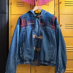 Vintage Plaid + Denim Toggle Jacket (oversize-Medium)