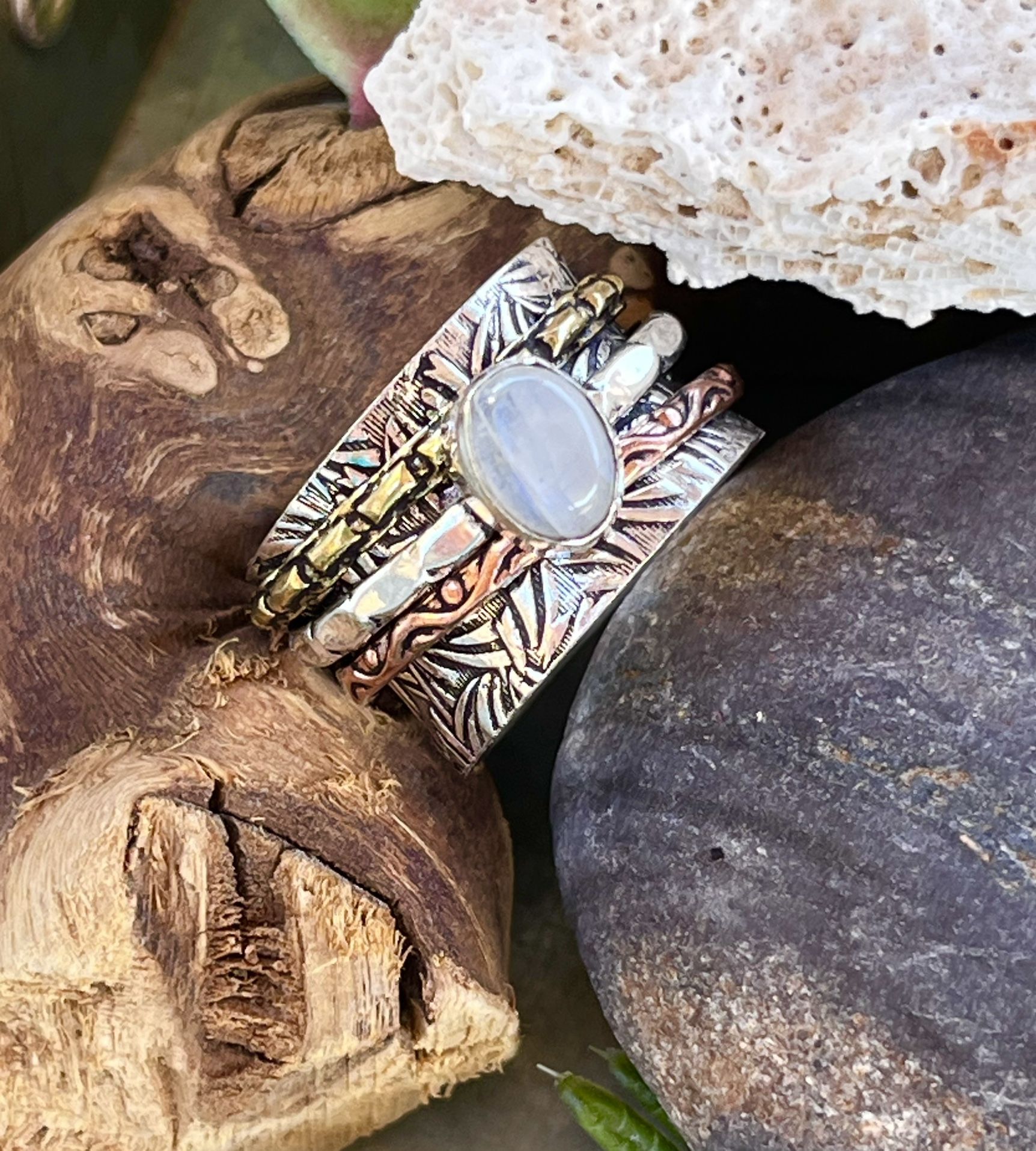 Natural Rainbow Moonstone 3-tone Silver Spinner Ring Sz 8
