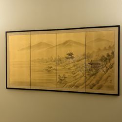 Vintage Japanese 4-Panel Folding Screen Art Pagoda Landscape Wall Decor