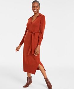 NWT Charter Club Luxury 100% Cashmere Midi Polo Dress S Small Bronze Pecan Belt