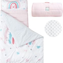 PHF Toddler Nap Mat with Removable Pillow and Minky Fleece Blanket, Rollup Design Warm Slumber Bags for Girls, 50"x20"x2" Kids Sleeping Bag for Daycar