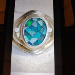Vtg Sterling Silver Mosaic Opal Gemstone Ring
