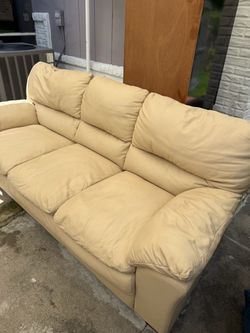 Set of Beige Genuine Leather Sofa Three and Two Seats