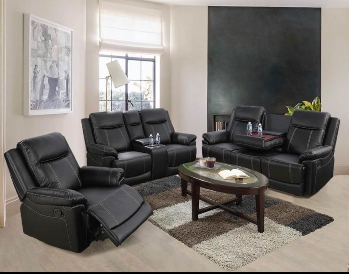 Black Leather Recliner Set Include Sofa, Loveseat And Chair Include Cup Holders 