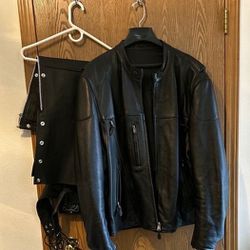 100% Genuine Black Leather Riding Pants And Black Leather Jacket