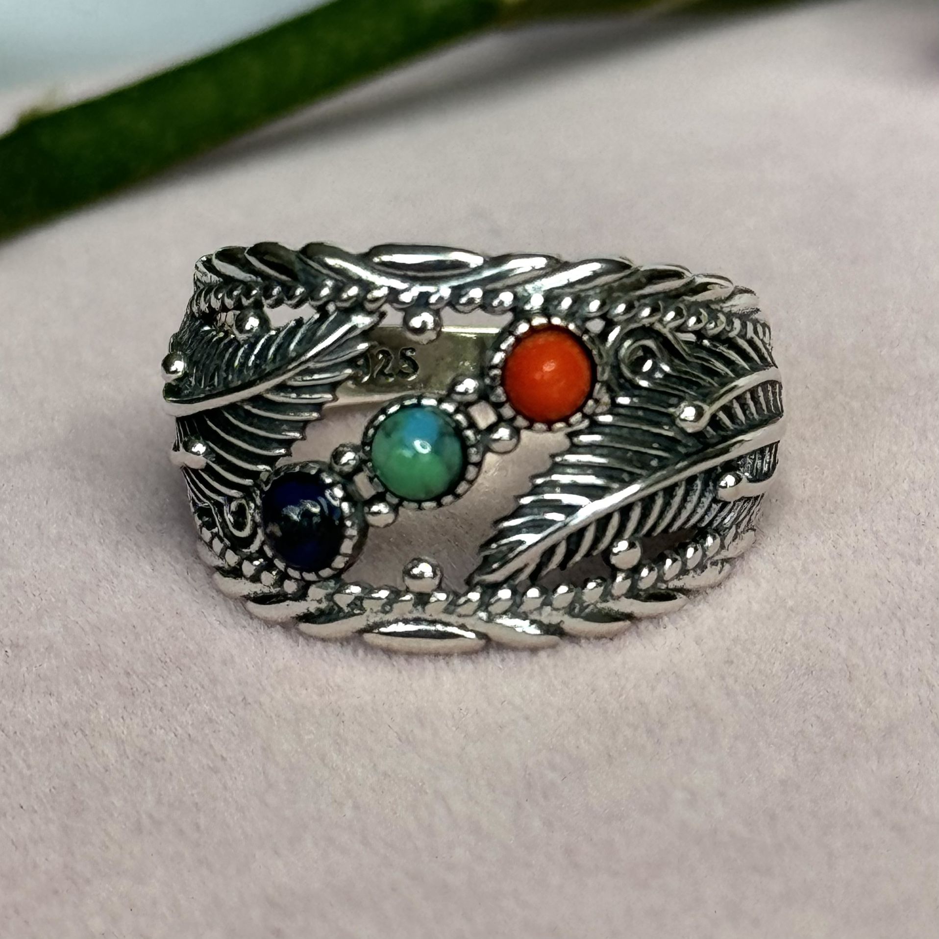 Black Agate , Turquoise, Carnelian Stone 💍 925 Sterling Silver Ring size 8